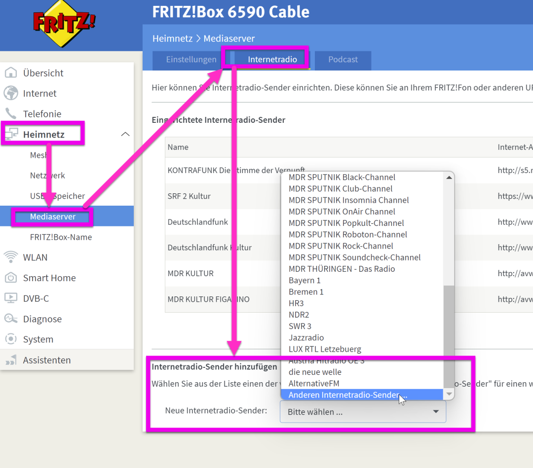 Fritzbox Verwaltung > Heimnetzwerk > Mediaserver > Internetradio > Neuen Internetradio-Sender > Anderen Internetradio-Sender